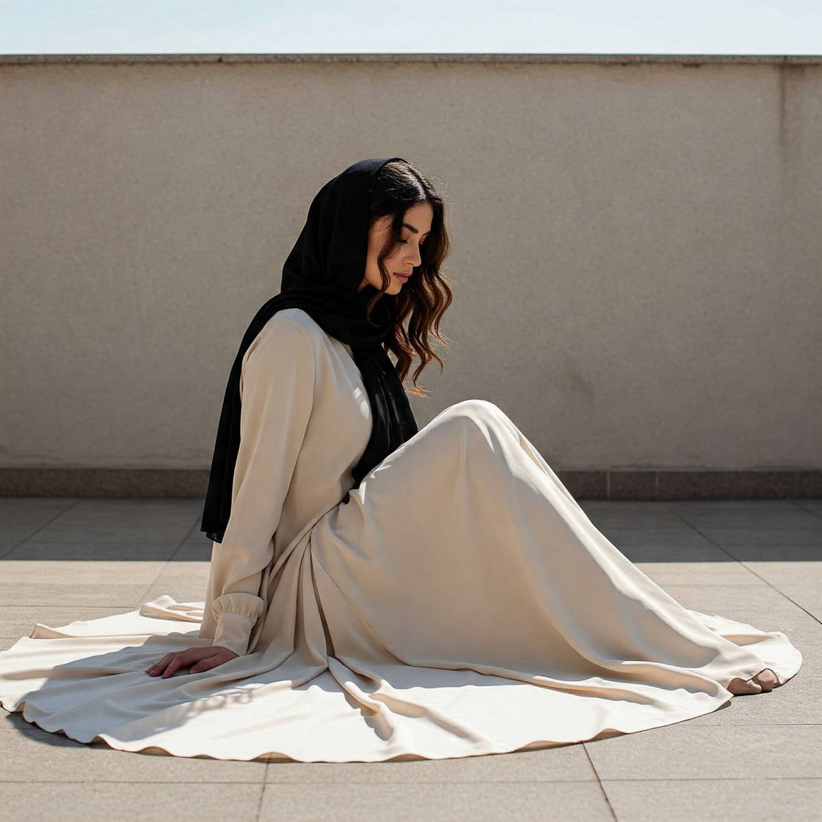 روی زمین بشین، دامن رو پخش کن (Grounded Gown Spread Pose)