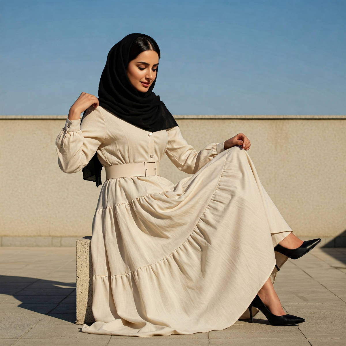 نشستن با بلند کردن بخشی از دامن (Lifted Skirt Reveal Pose)