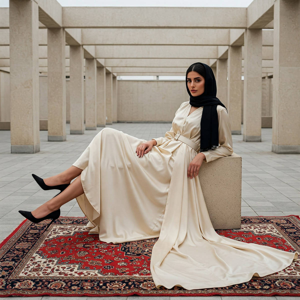 ژست لمیده‌ی مجلل با دامن رها شده روی سطح صاف